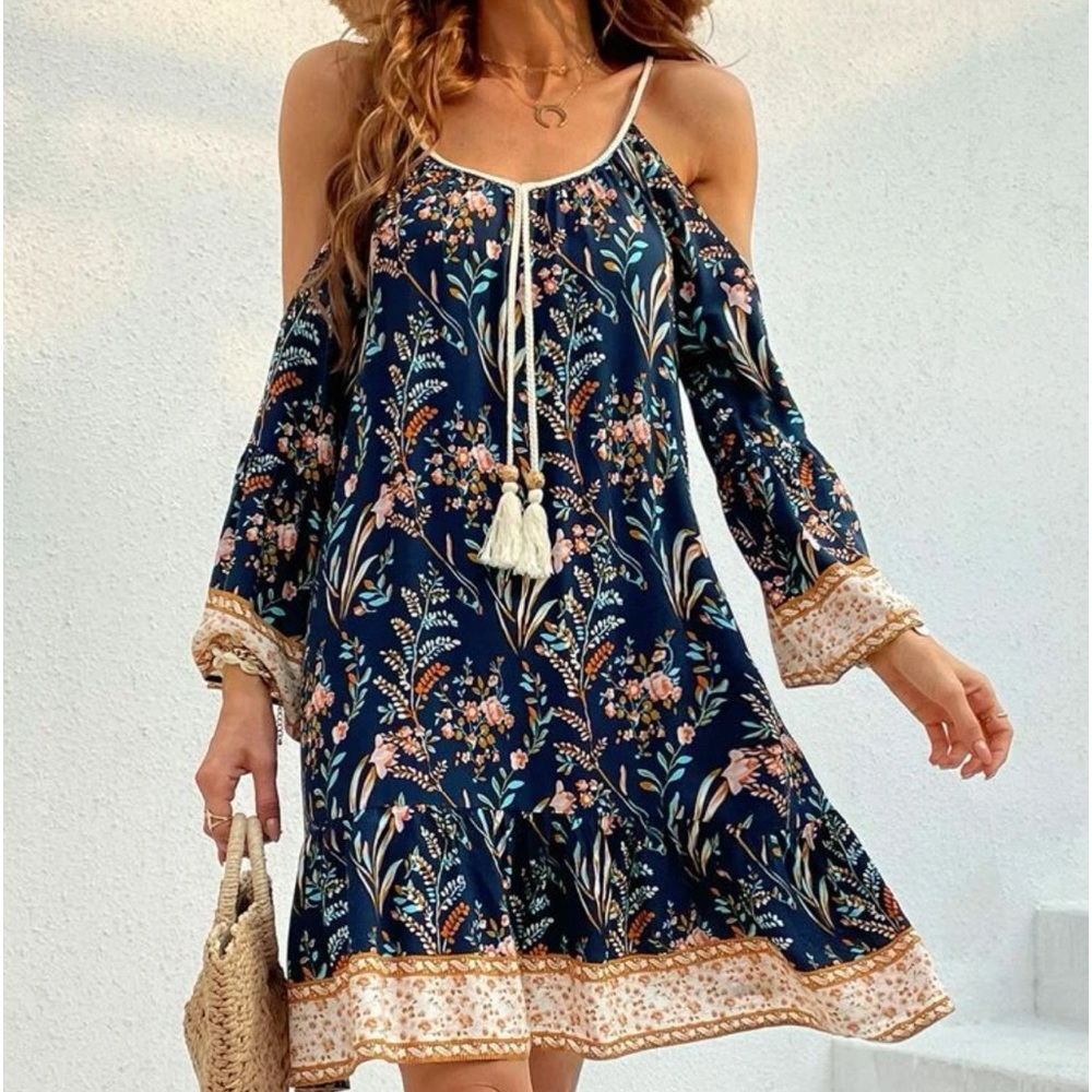 Boho Floral Print Cold Shoulder Flare Sleeve Tassel Tie Dress - Picture 3 of 16